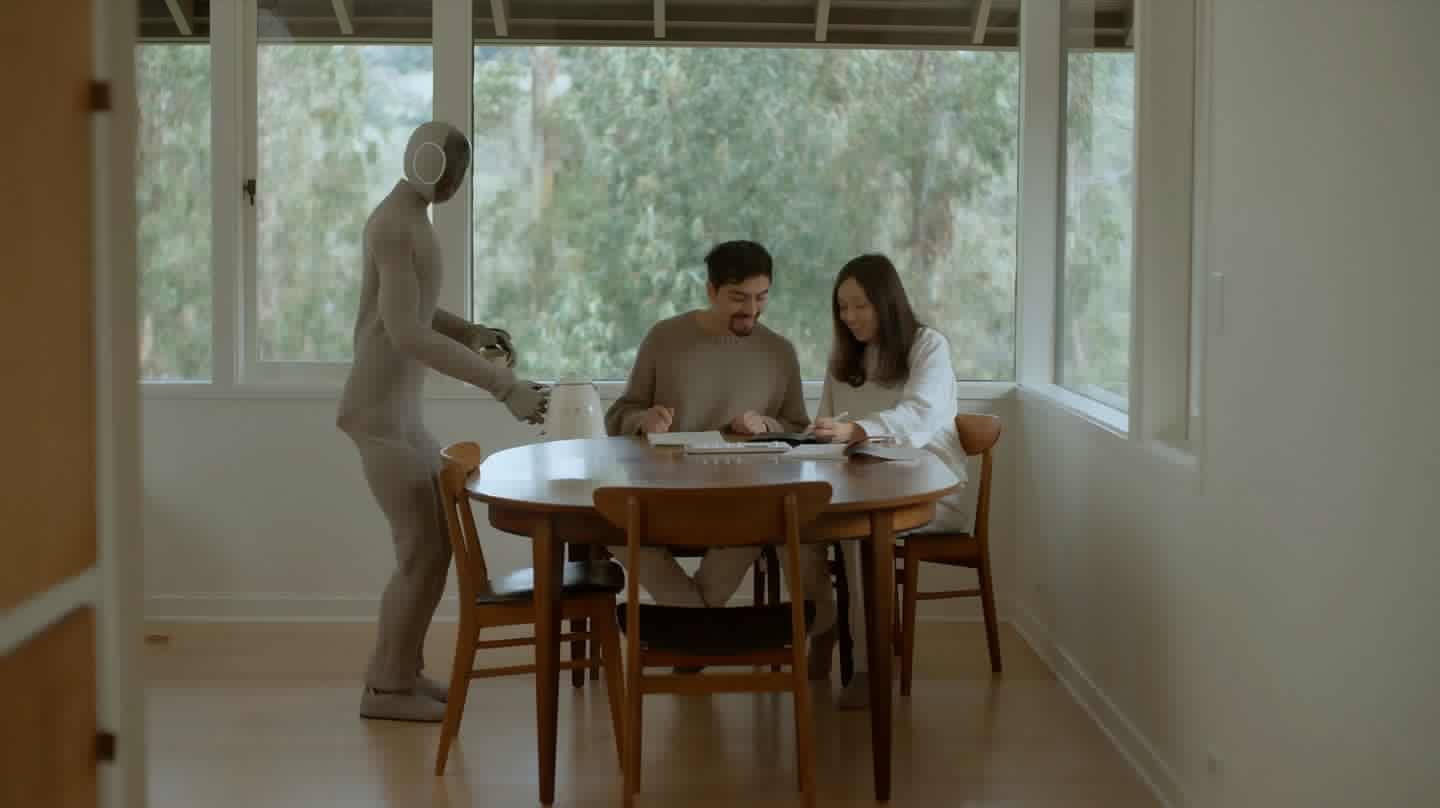 Neo Gamma politely offers the happy couple some coffee while they ignore its efforts