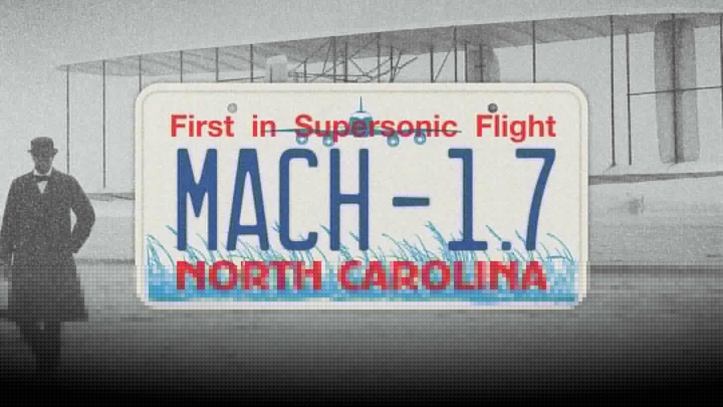 North Carolina license plates read "First in flight" across the top – this clever photoshop says "First in supersonic flight," and while that might not exactly be true, it's still