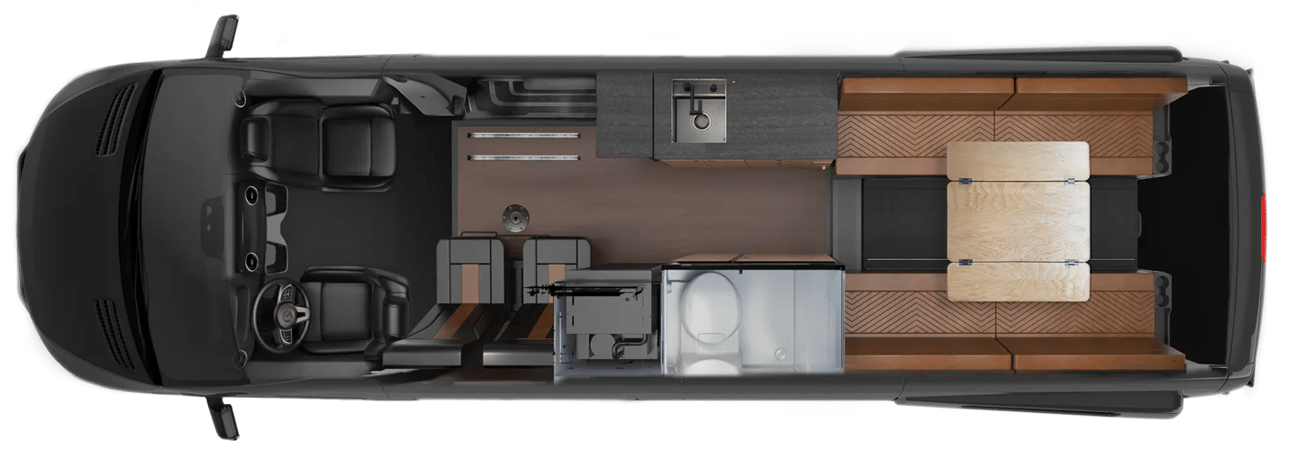 Camping day floor plan with rear lounge, open wet bath and two rear drive seats swung sideways