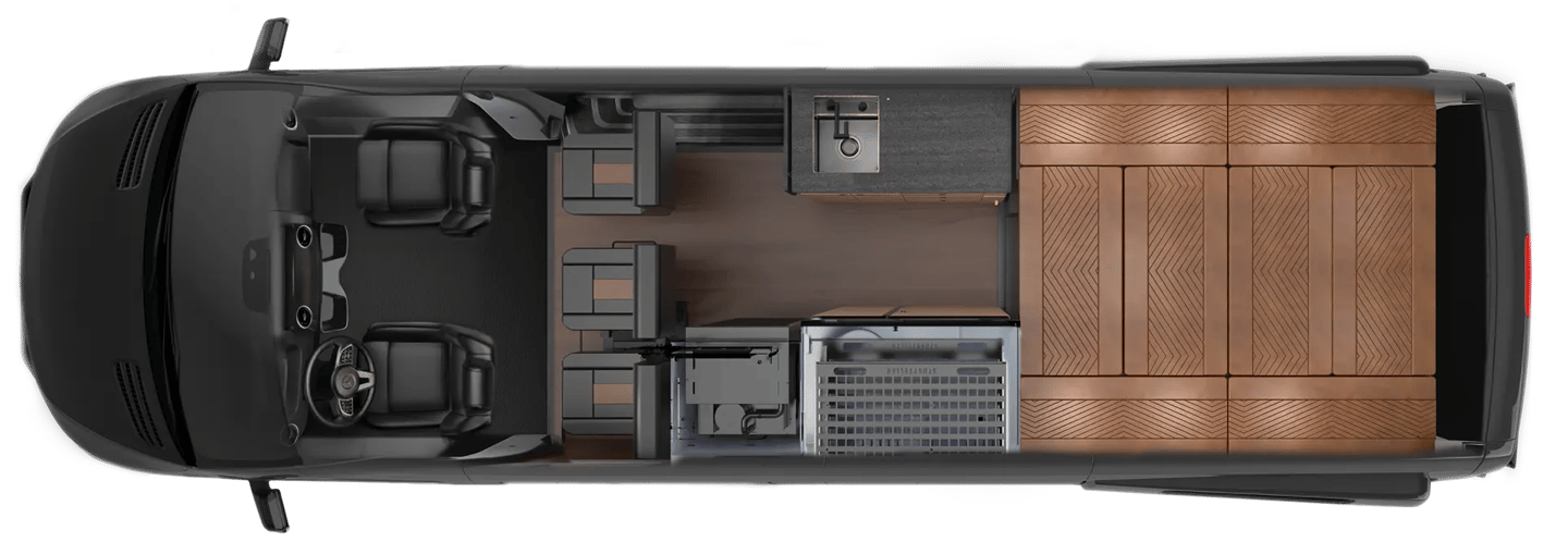Rear elevated bed set up, three captain's chairs positioned facing drive direction, and wet bathroom outfitted into a drying closet with shelves