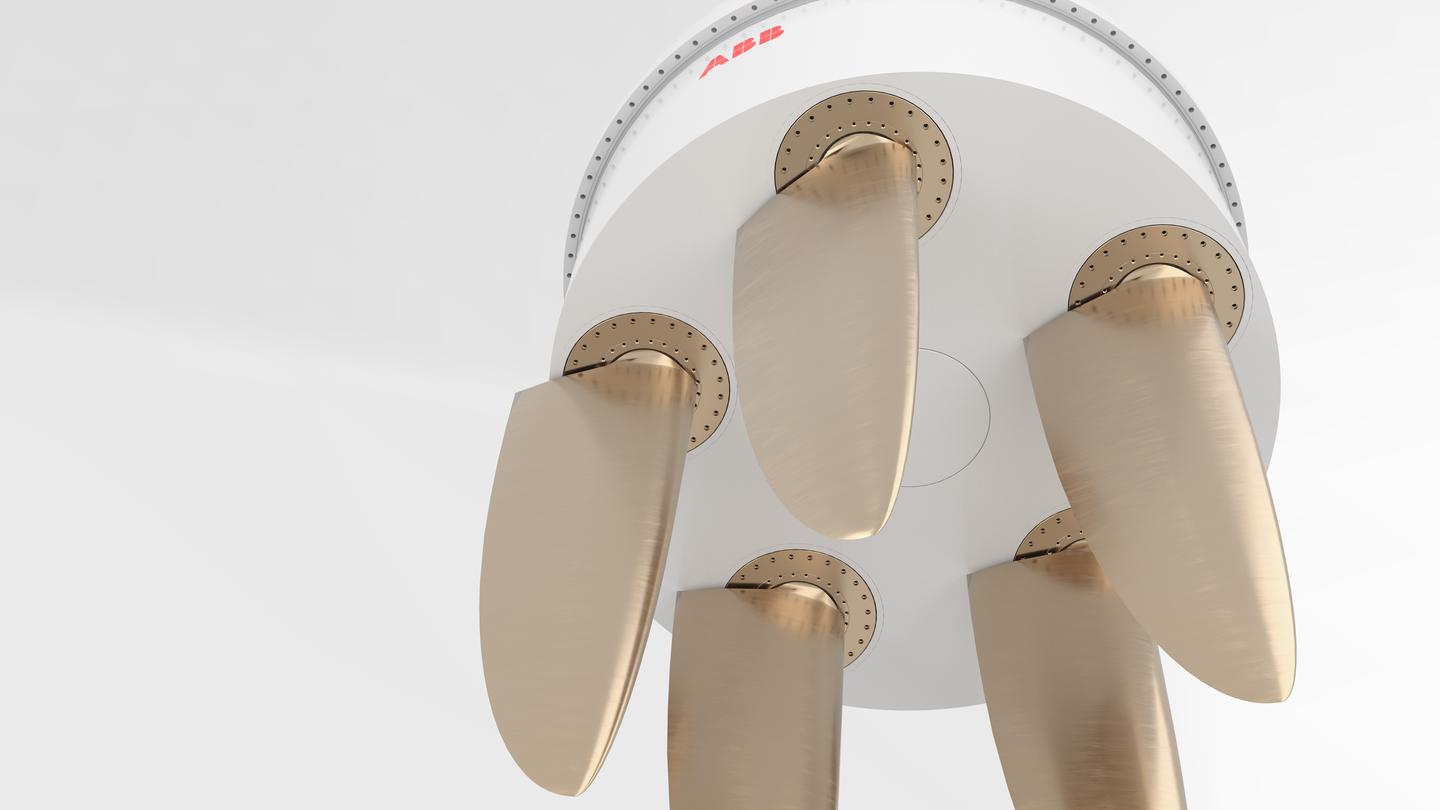 "The ABB Dynafin generates thrust by means of profiled blades that project from the bottom of the ship. Each blade can rotate both around the global axis of a main wheel and around its own local axis, which acts as a pivot point for enforcing a prescribed pitch motion. The thrusting blades’ trajectories resemble those of the tails of whales and dolphins."