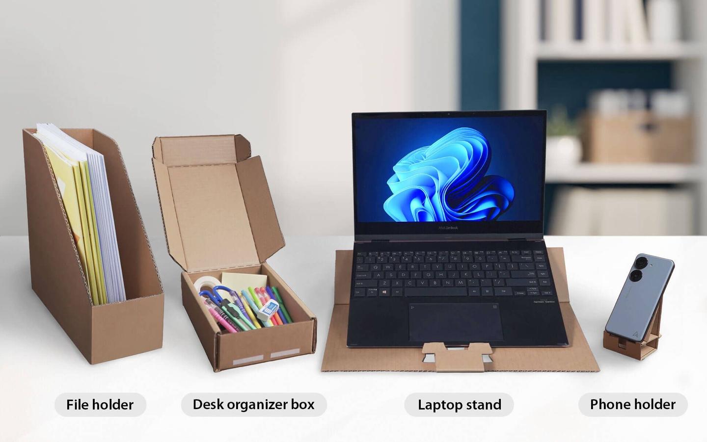 The VU Air Ionizer monitors ship in packaging that can be repurposed to help keep the workspace tidy