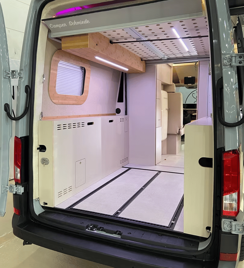 Remove the worktop and sofa, and the Marilyn Onroad becomes a large adventure van with tie-down track for strapping up bikes and gear