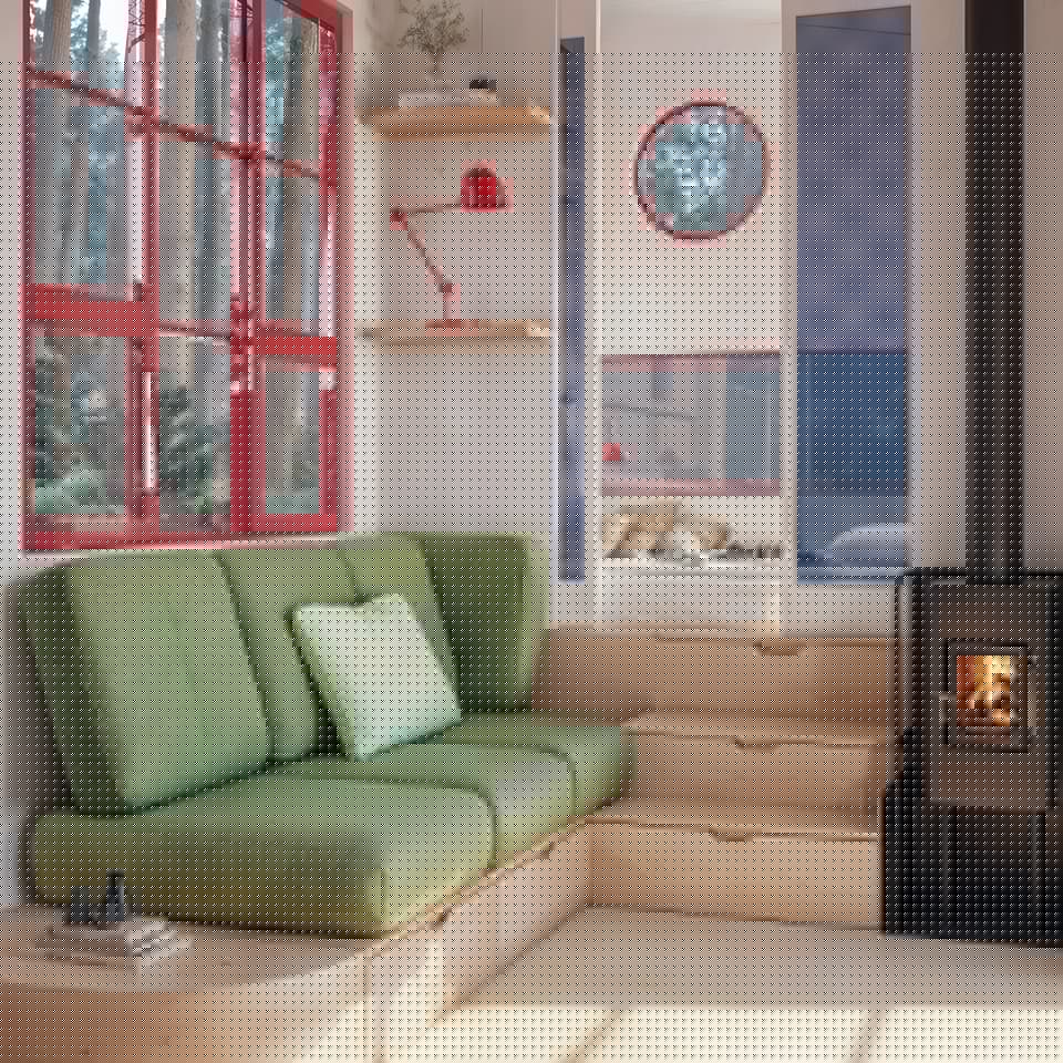 The THOW's living room has lots of integrated storage space