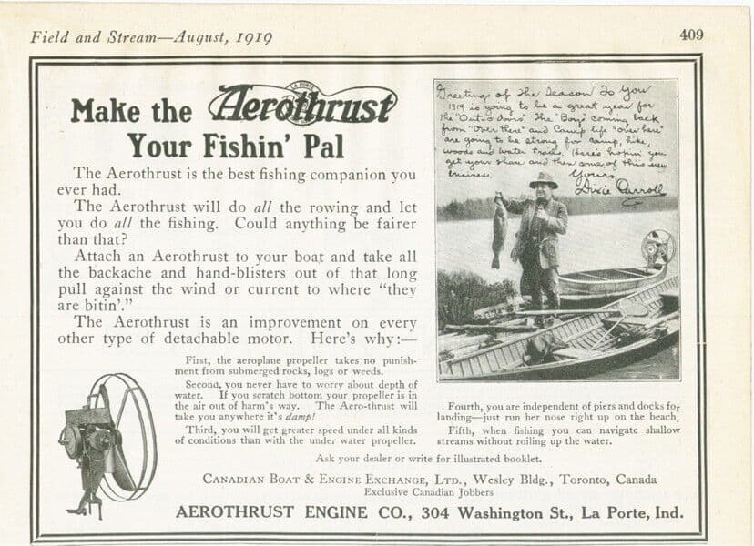 Most Aerothrust kits went onto boats, competing directly with the outboard motor which began rolling out in 1910. The Waterman outboard engine was the first gasoline-powered outboard offered for sale in significant numbers, and just four years after it went on the market, it was claiming sales of 25,000 sales by 1914.