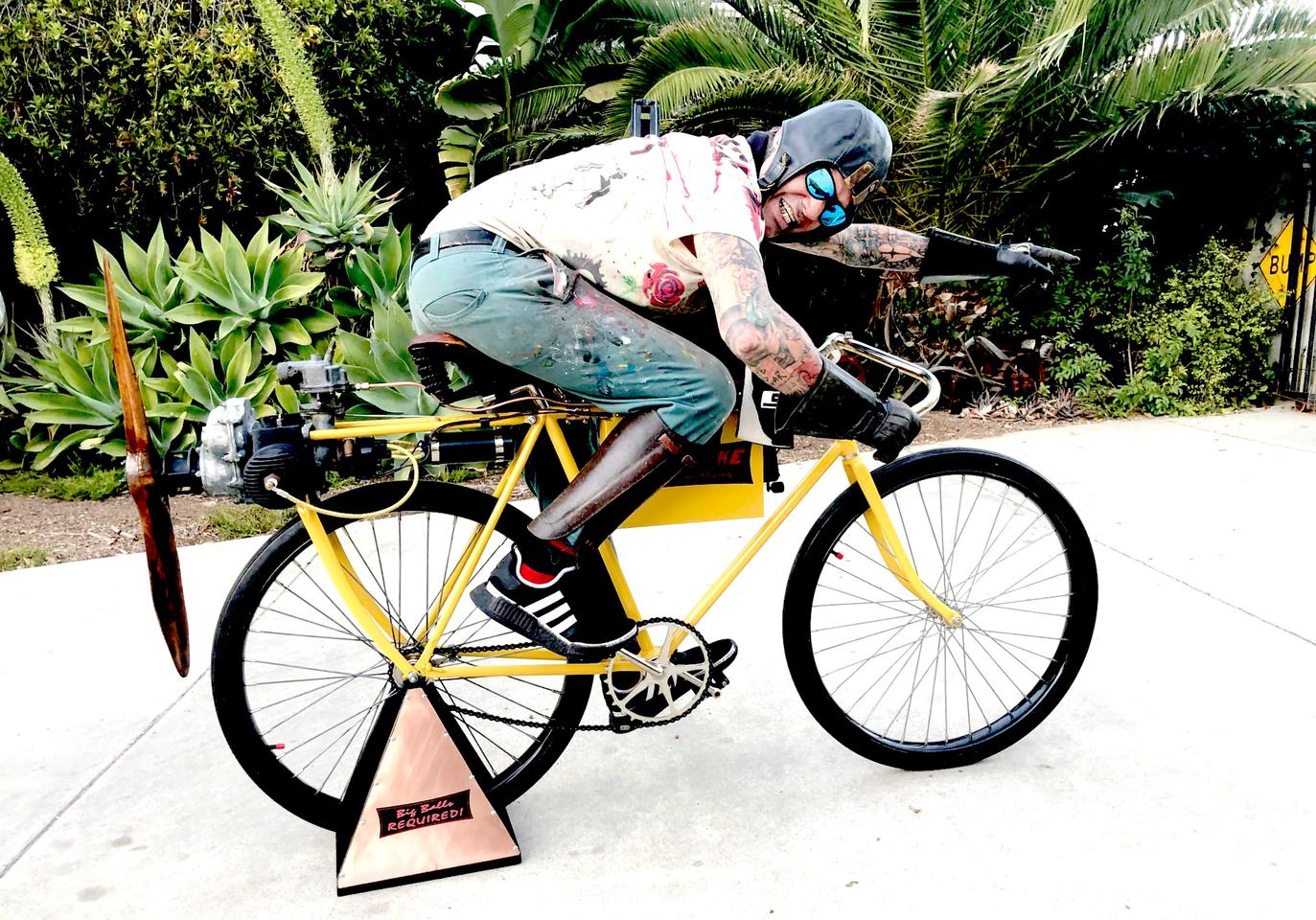 The few extant Aerothrust-powered bicycles appear to have found their people - skateboard maestro and rock-and-roll frontman Duane Peters and his Aerothrust-propelled personal vintage Hawthorne Flyer make an ever-so-congruent couple.