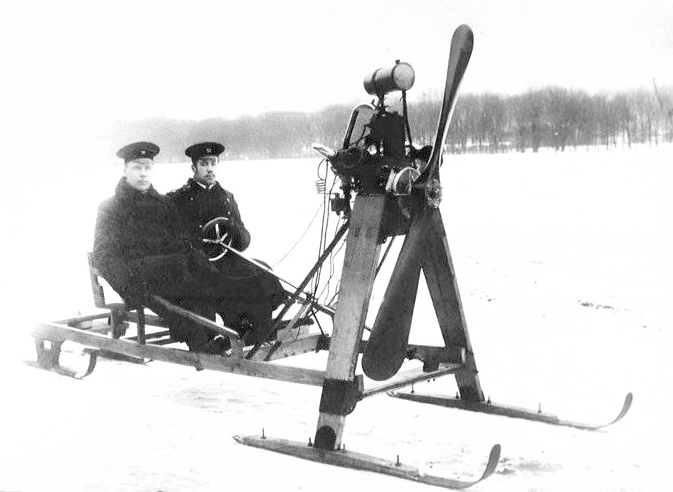 Igor Sikorski would migrate to America and build the world's largest helicopter manufacturer. This is Igor while still at school in Kyiv (now Ukraine) , building his first aerosledge in 1909. That's Igor with the wheel. History has not recorded his companion's name. More info here.