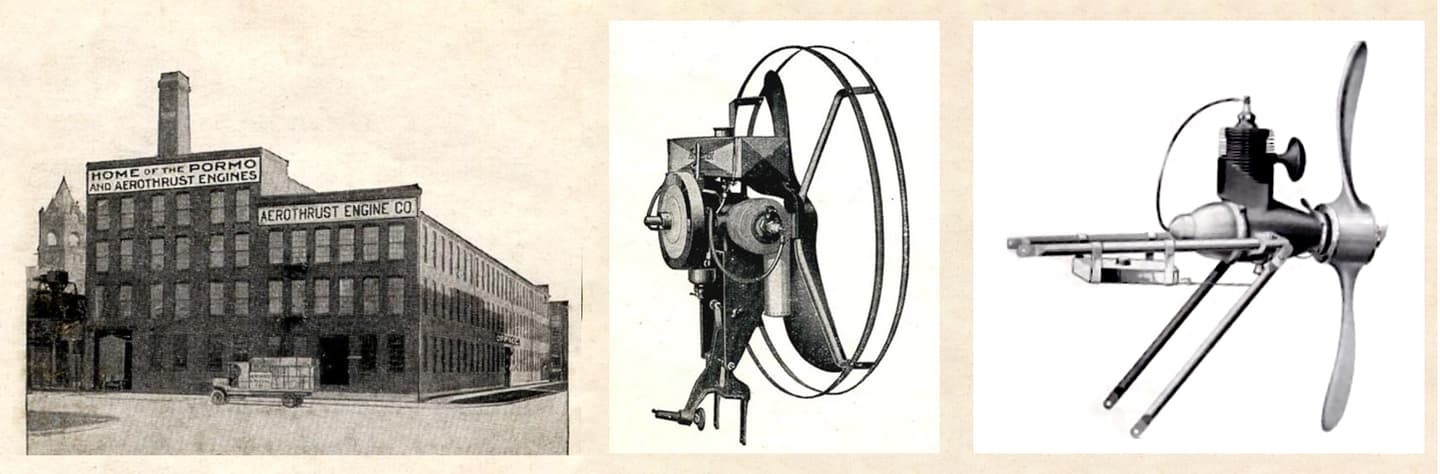 That's the Aerothrust factory in Illinois at left, and the two attachments which enabled it to be fitted to a boat and a bicycle. The engine with the propeller guard is the larger horizontally-opposed, two-stroke twin while the single cylinder version at right is designed to be quickly attached to a bicycle in place of the rear carrier. Four bolts and you're away - instant motorcycle!