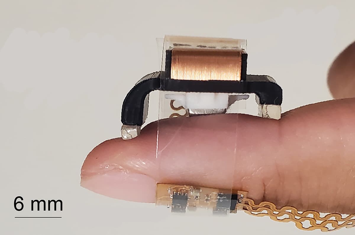 Barely the size of a fingertip, this device includes a magnet, wire coils, a battery, accelerometer, and Bluetooth chip