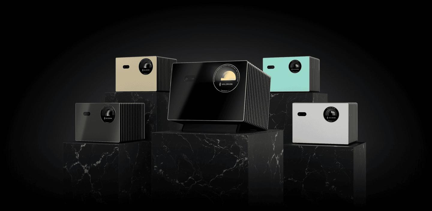 The Valerion long-throw projector family is made up of the flagship VisionMaster Max (center), the VisionMaster Pro 2 and Pro (left), and the StreamMaster Plus 2 and Plus (right) models