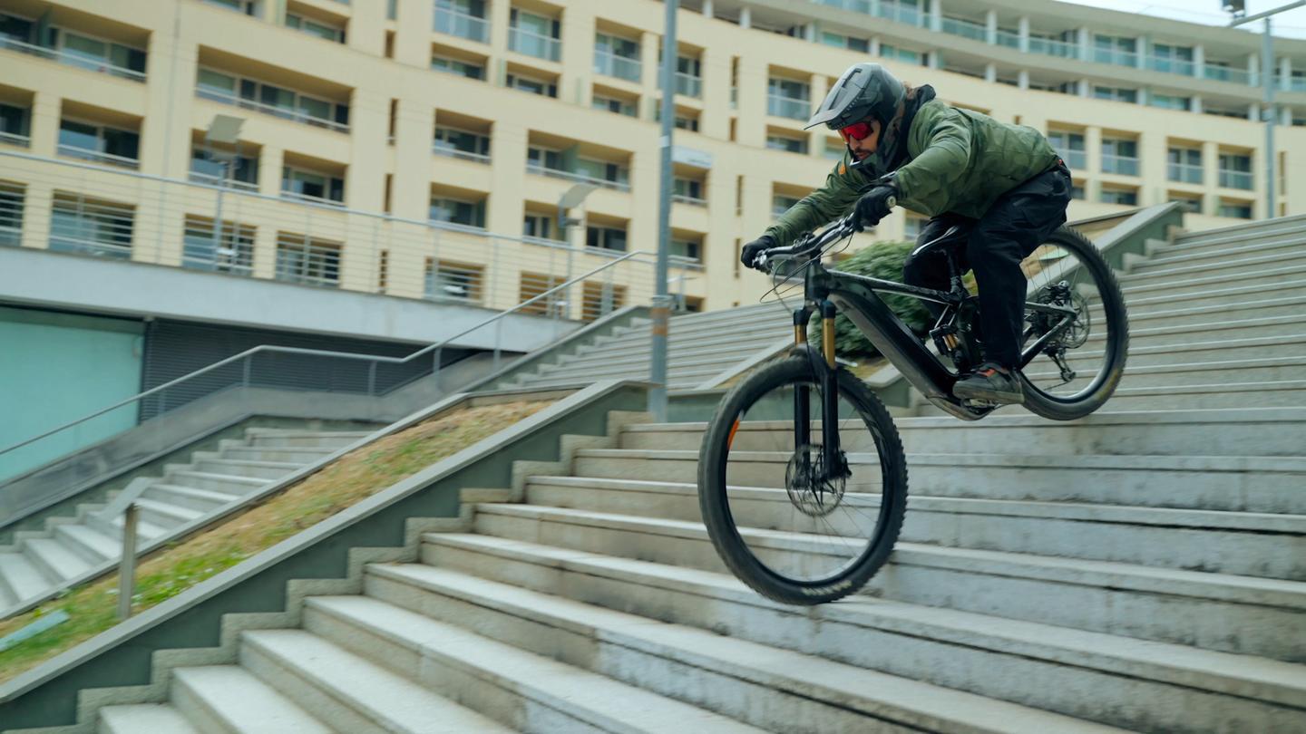 Caligo adventure pants are flexible enough to send a set of stairs while you're out urban MTB'ing