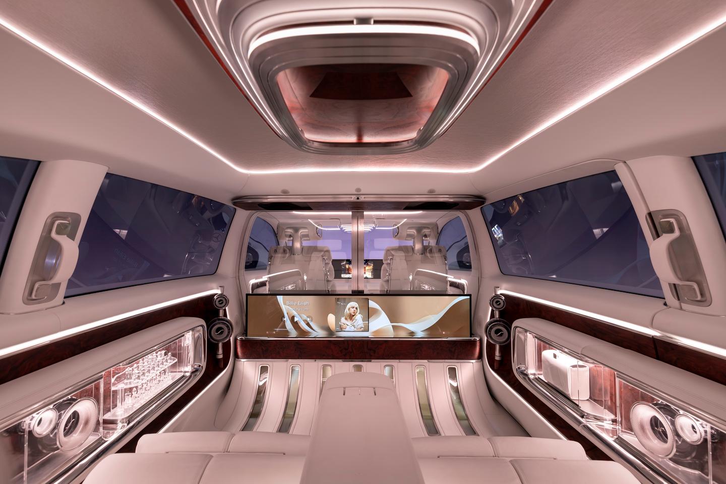 The 65-in display can be set to partial up position and the partition glass can be adjusted from clear to opaque