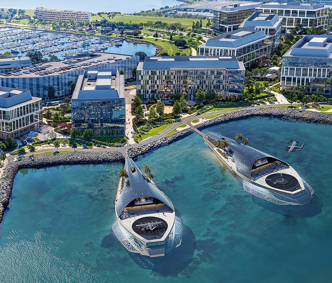 A rendering showing the Kilroy Oyster Point mixed use campus in San Francisco, featuring a proposed Archer Sea Portal mobility hub