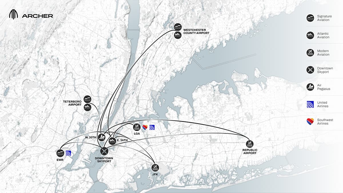 This map shows the different vertiports Archer has in mind across NYC and its airports, with a legend on the right