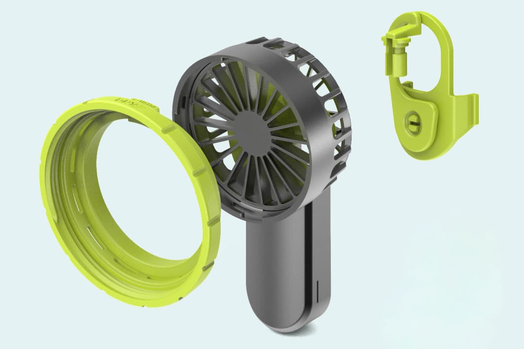 From left, the DRYE adapter ring, fan and hook