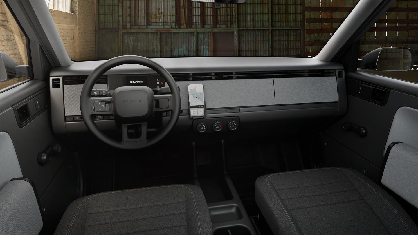 The Slate's dashboard has no infotainment, but includes a phone mount in its place