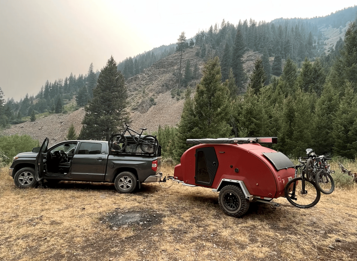 Unhitch the Topo2 MTB at a campsite like this, and you have a base camp to come back to after exploring via truck and/or bike. Also worth noting: We've been using Kuat's Piston SR, a lighter-duty truck rack-mounted bike rack using the same Piston action as the Topo2 MTB's Piston ION rack, and have found it to be the easiest bike rack we've used - it'll be even easier when you don't have to lift the bike as high