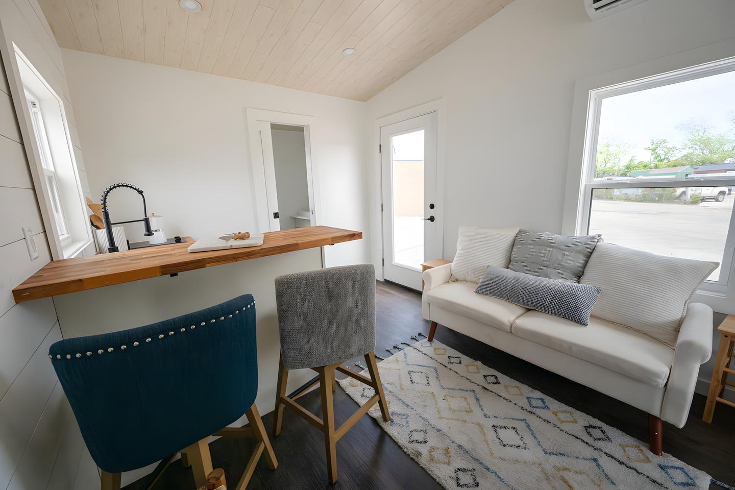 The Cortado's kitchen is small and simple but includes a breakfast bar for two