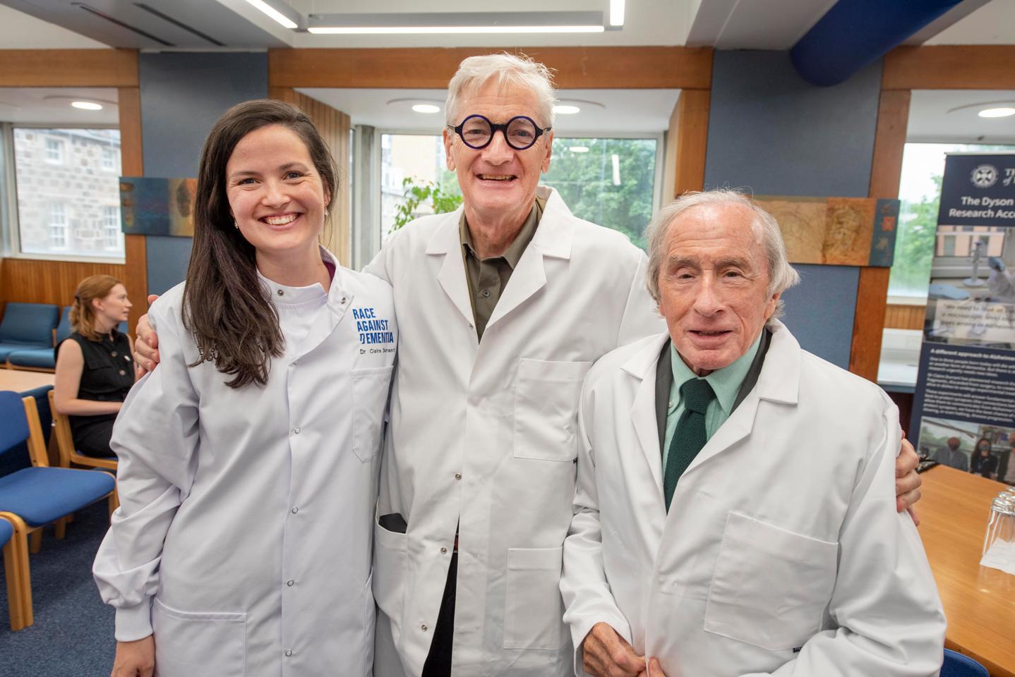 Claire Durrant with Sir James Dyson (middle) and Sir Jackie Stewart