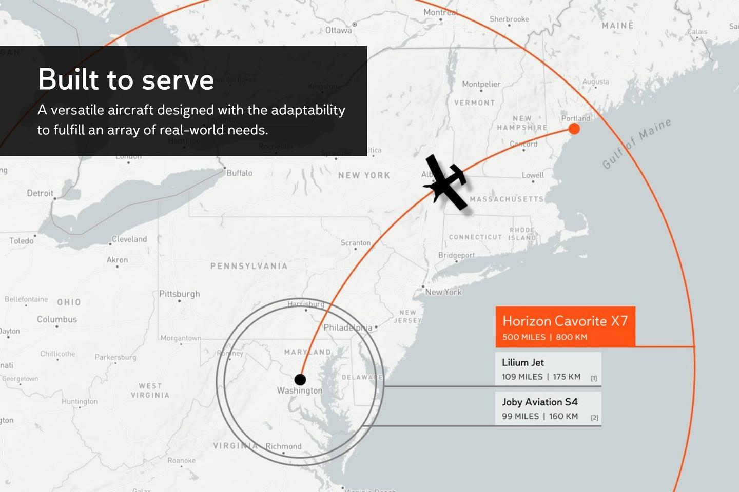 A map showing the Cavorite X7 range versus its competitors in the eVTOL segment