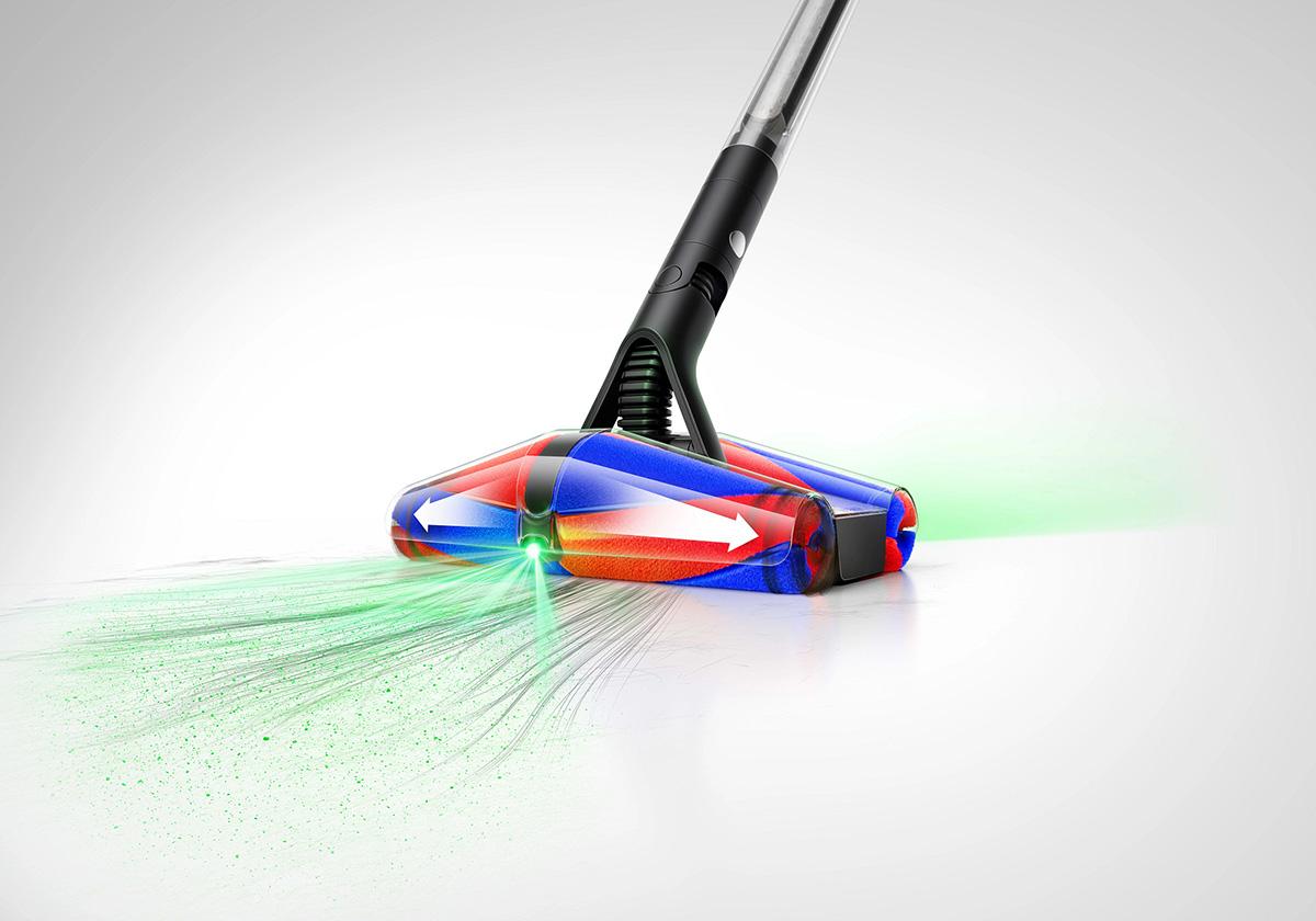 The conical brush bars rotate in opposite directions, avoid hair tangling up around them, and have lasers on either side to help you spot dust
