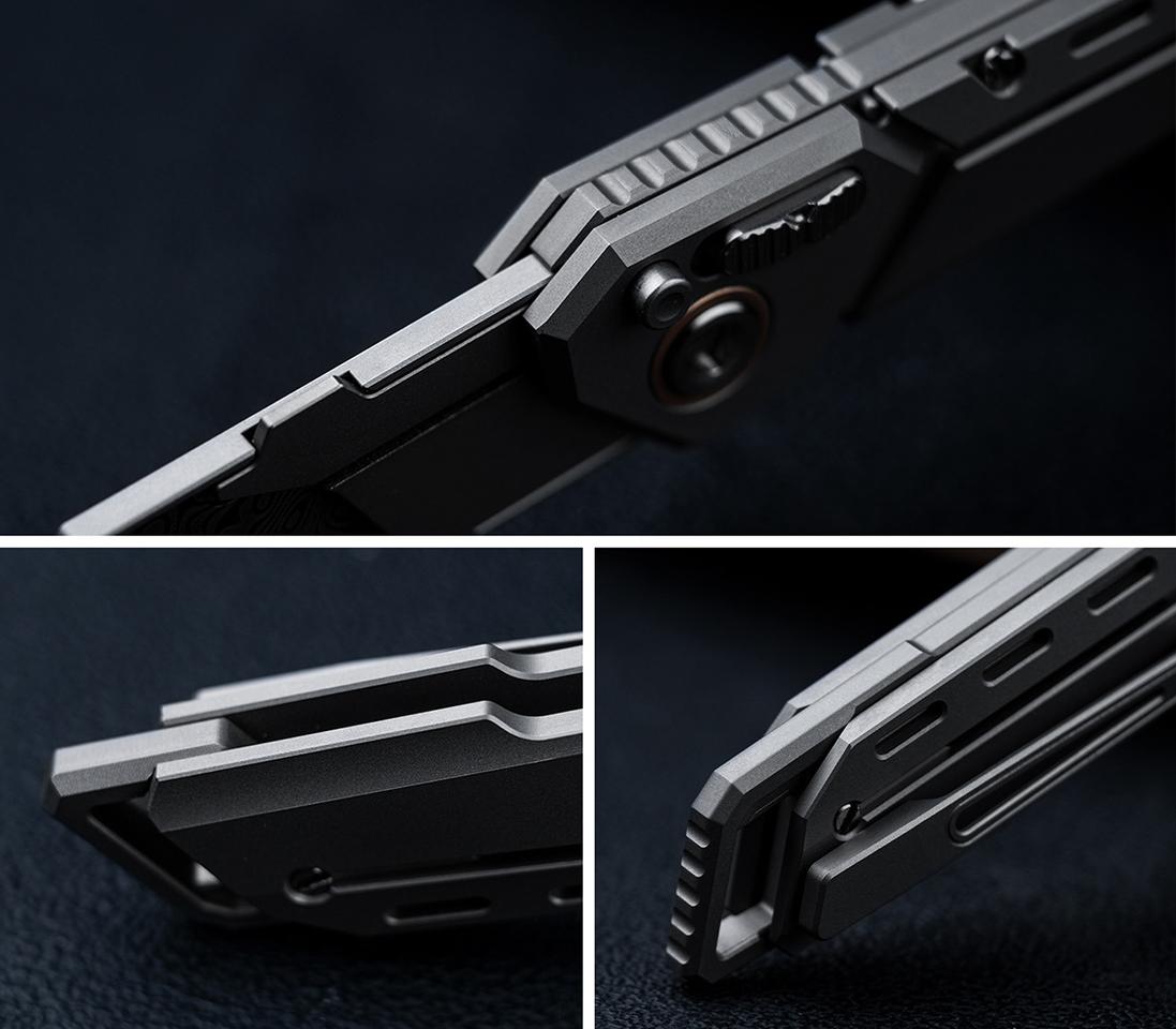 The Ti folding knife is thoughtfully detailed, with chamfered metal parts, a textured grip, and a lanyard slot