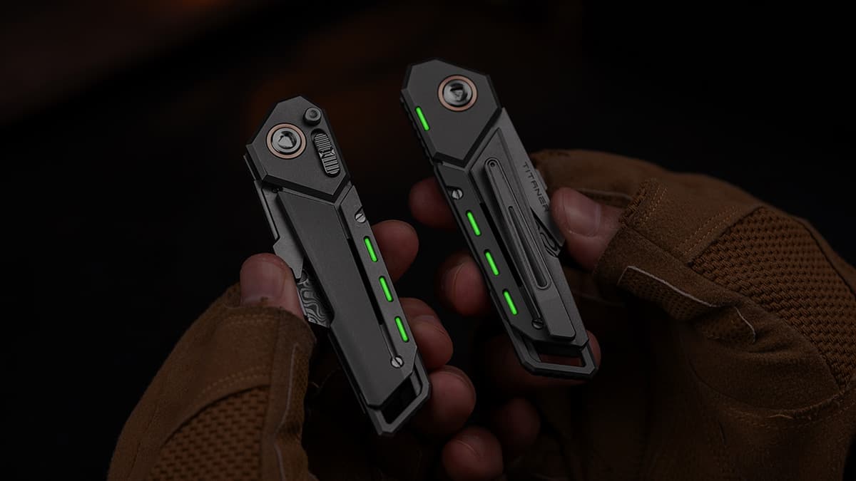 Optional illuminating tritium vials make it easy to spot the Ti folding knife in the dark