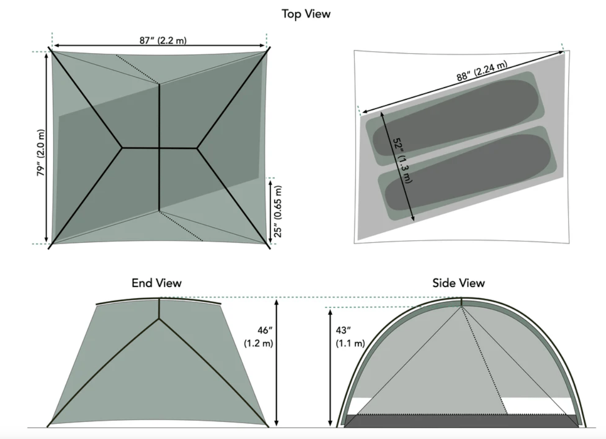 The Durston X-Dome 2 features a parallelogram floor and double-Y hubbed pole system with central cross bar