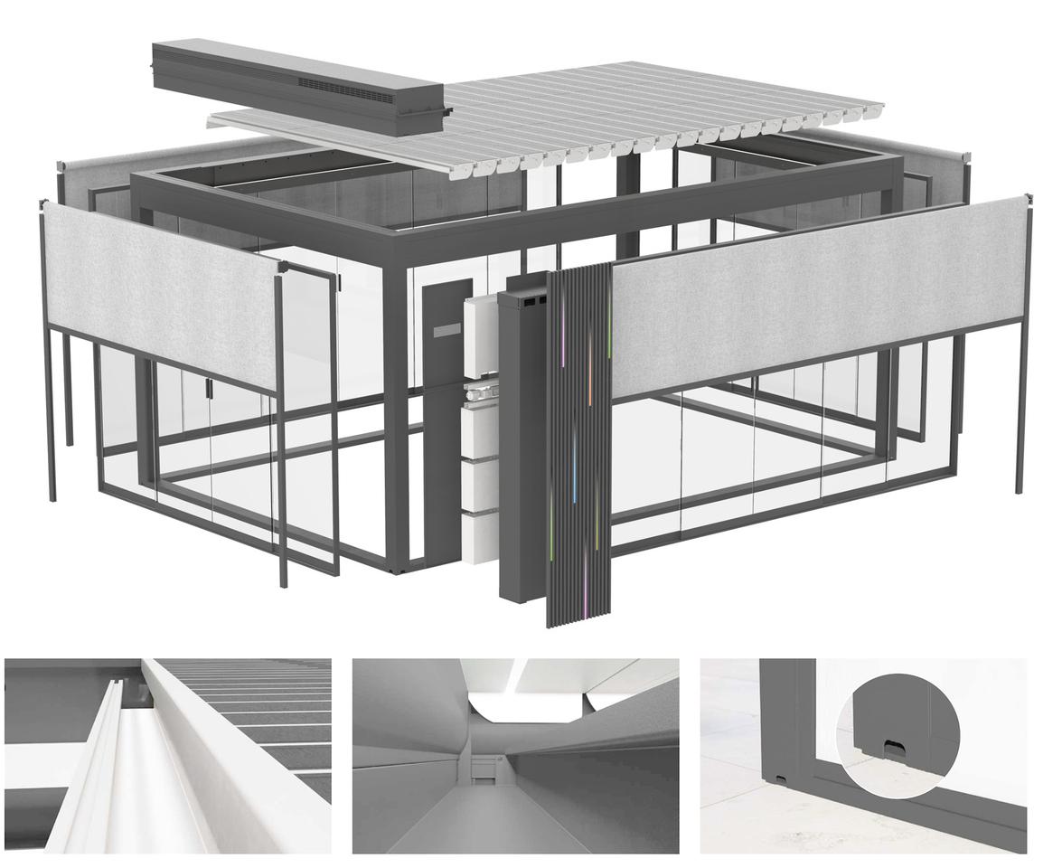 The Ombra may look simple when it is assembled, but the complexity of the design and the myriad patents in place suggest the company has been thinking about it for a very long time - from the 120-degree flipping solar panel louvres, to the roof locking mechanisms, the orchestration and automation of blinds and glass walls and shades ... all the way to drainage. It's a study in design worth exploring.