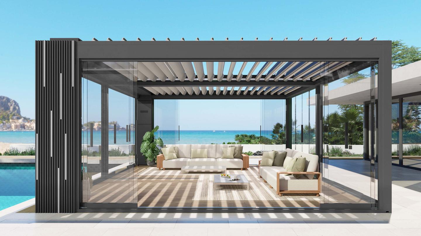 Put two Ombras together and you have 48 square meters of all-weather outdoor living space. The top louvers are equipped with solar panels that combine with a high-efficiency energy storage center. They can generate about 15 kWh of electricity, effectively solving the problem of insufficient energy supply faced of outdoor living. Technologies such as the 120° automatic flipping louver roof and constant temperature and humidity control system solve various temperature change problems faced by outdoor life.