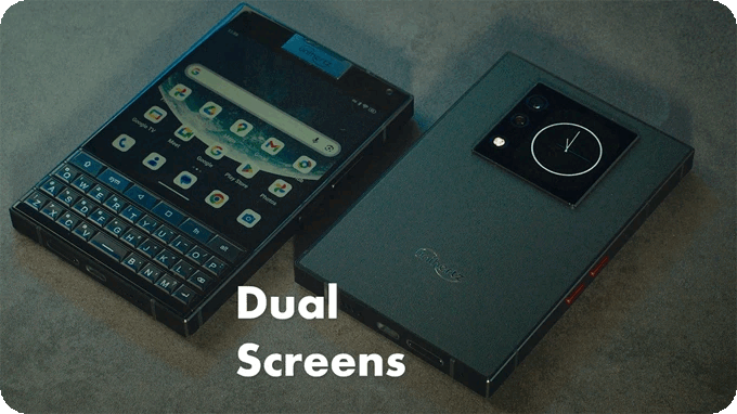 The secondary touchscreen shows notifications, a clock, and app shortcuts