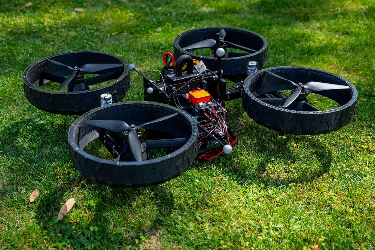 ATMO weighs 5.5 kg (12 lb) and measures 16 cm tall by 65 cm wide (6.3 by 25.6 in) in its aerial configuration (pictured here, on the ground)