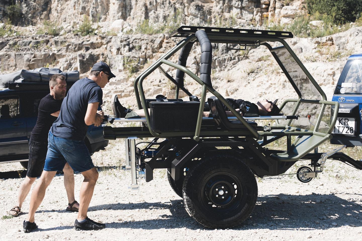 The Life Chariot includes a slide-out stretcher designed for carrying wounded soldiers off the battlefield for treatment