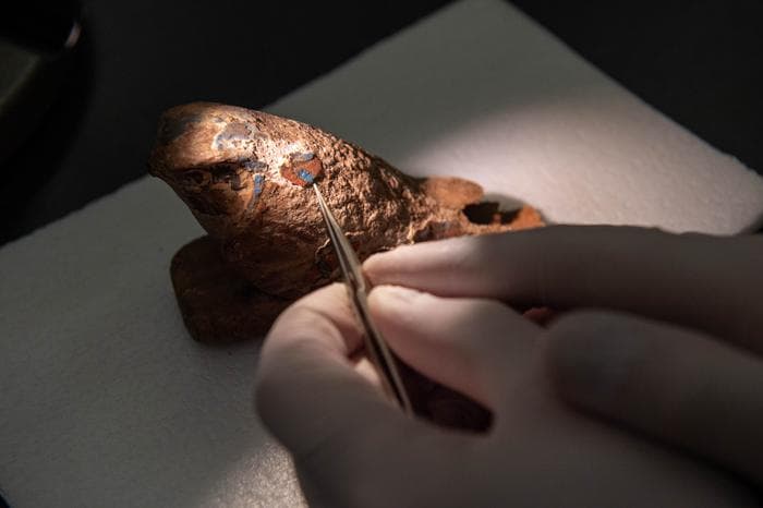 Closeup image of an ancient wooden Egyptian falcon. Researchers have found a way to reproduce the blue pigment visible on the artifact, which is the world's oldest synthetic pigment.